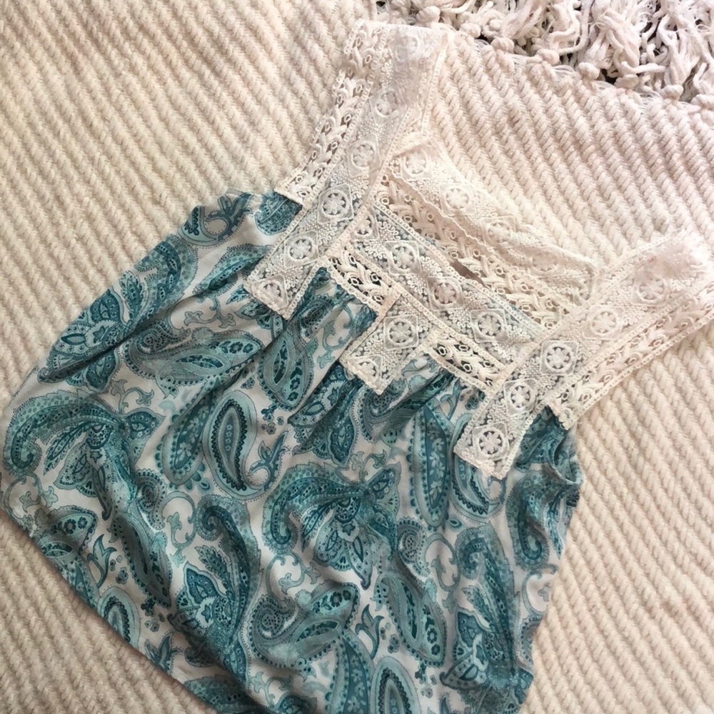 Forever 21 Blue Paisley Tank W/ Lace Detailing